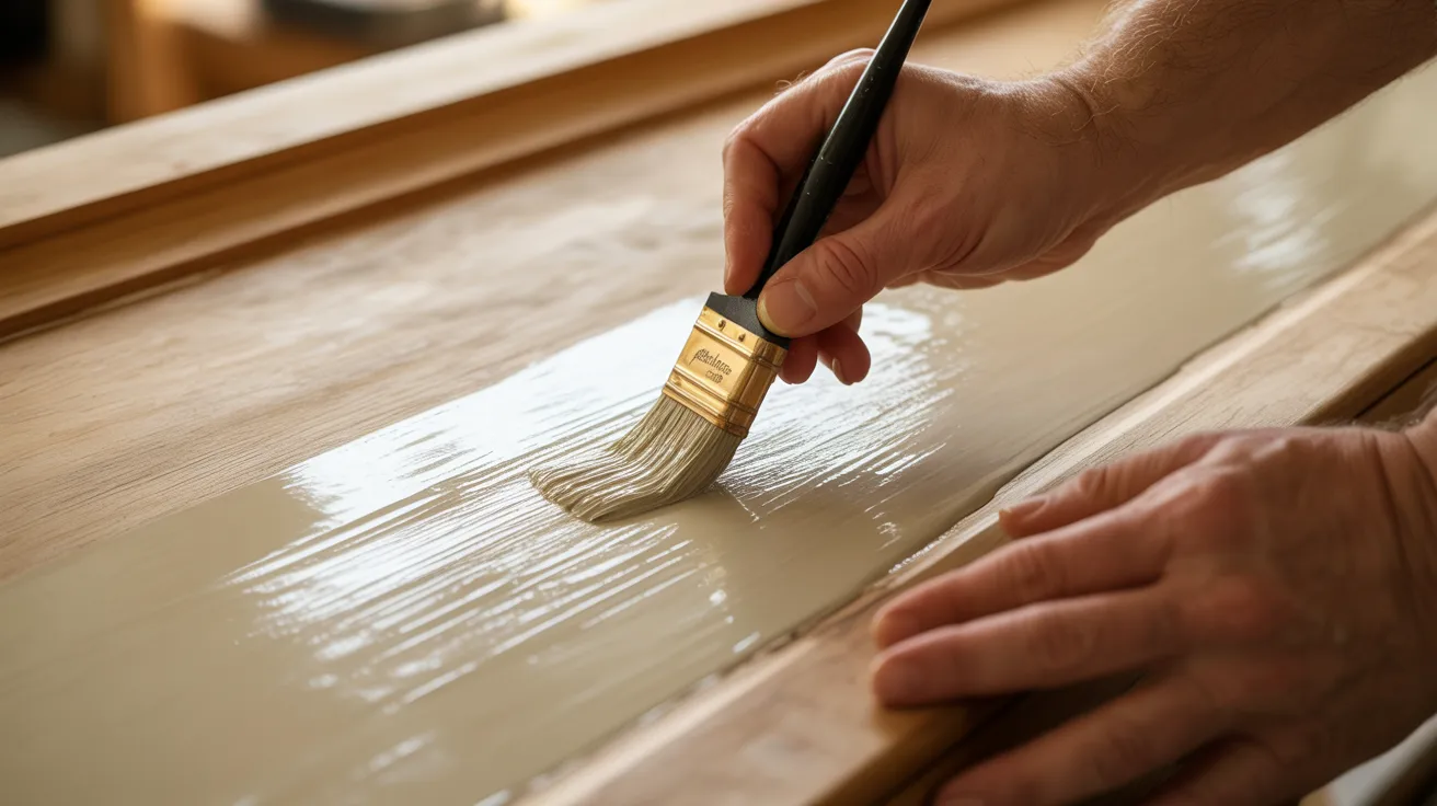 Close-up of a hand painting a wooden surface with a brush, applying a smooth coat of light-colored paint. The scene conveys focus and craftsmanship.