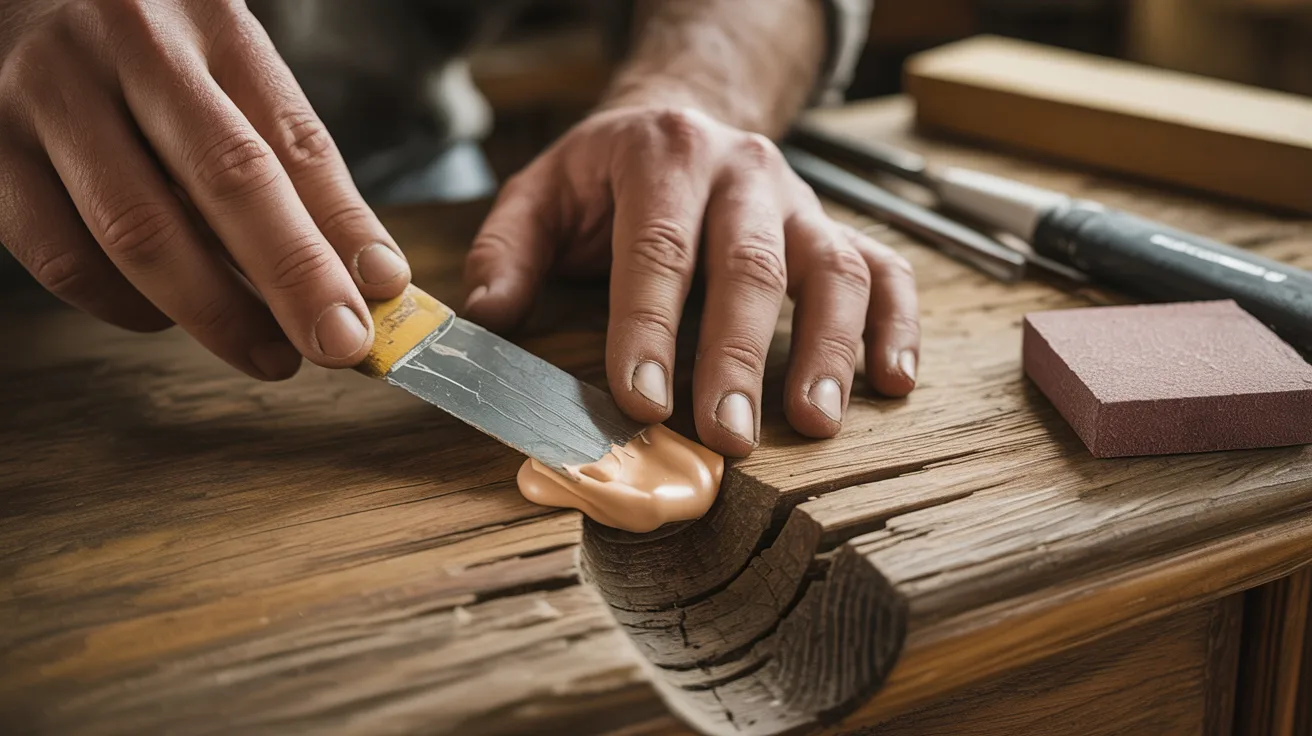 A person uses a scraper to apply wood filler to a cracked wooden surface. Tools and sandpaper are nearby, suggesting a woodworking repair setting.