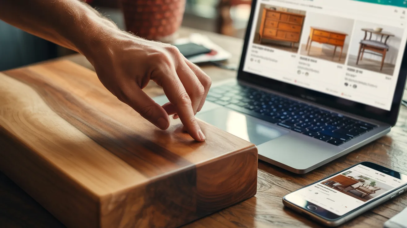 A hand touches a wooden block on a table. A laptop showing furniture shopping and a smartphone with similar content are nearby, suggesting online browsing.