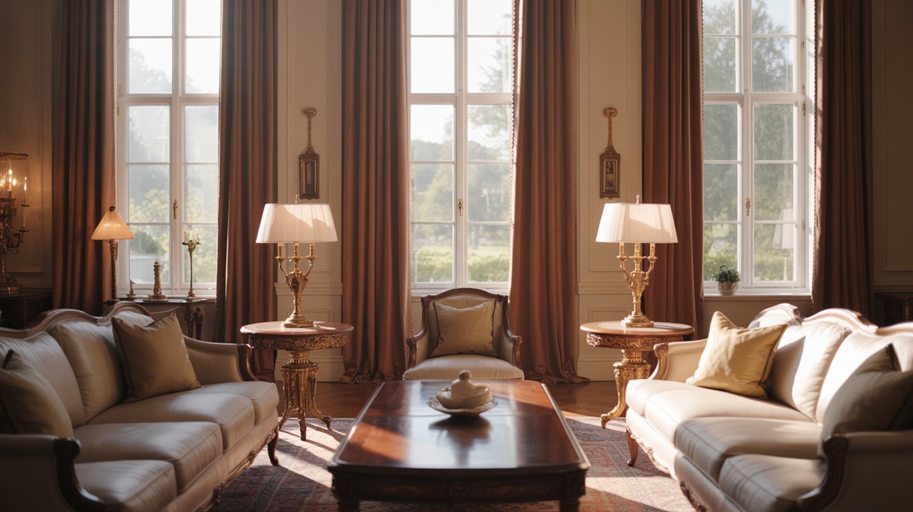 A cozy living room featuring a couch, two chairs, a table, and lamps, creating a warm and inviting atmosphere.