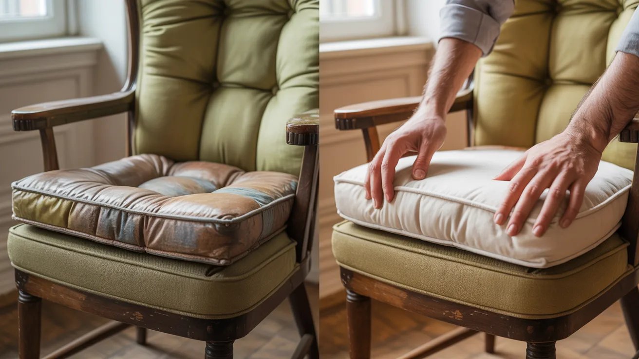 Two images show a transformation of a cushioned chair. On the left, a worn, multicolored cushion; on the right, a person placing a fresh, white cushion.