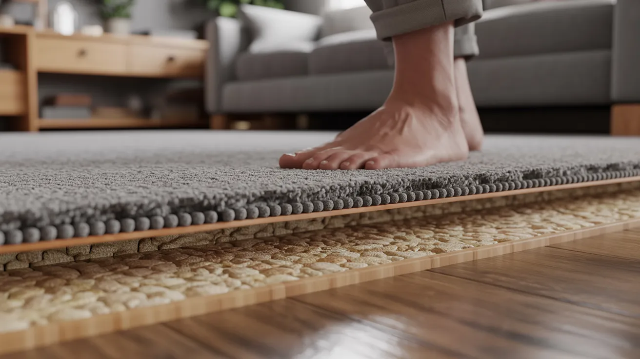 A person walking on a patterned carpet that contrasts with a polished wooden floor.