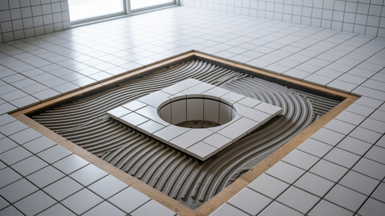 Tiled floor with an unfinished square section, revealing a circular pattern beneath. The bright, clean tiles create a modern, minimalist feel.