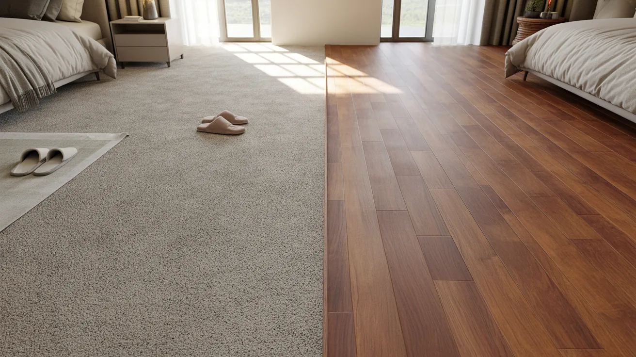 A cozy bedroom featuring a wooden floor and a neatly made bed, creating a warm and inviting atmosphere.