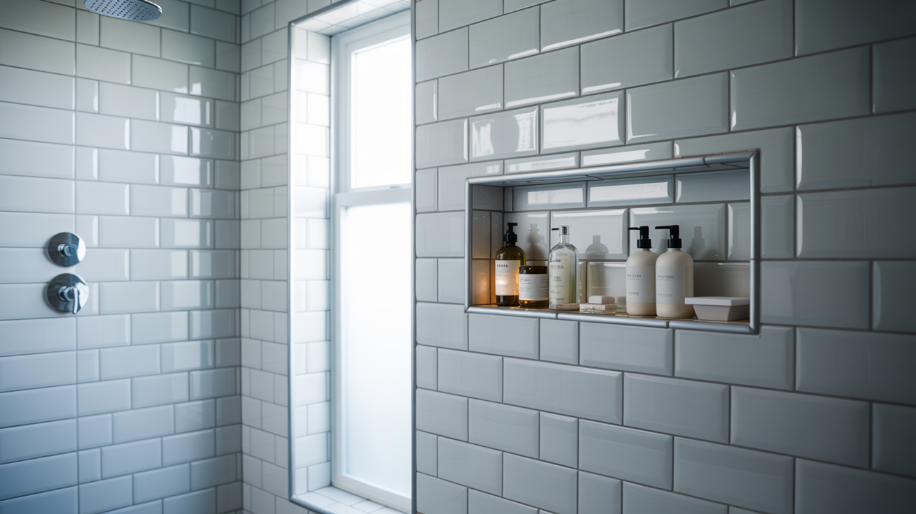 A modern shower with glossy white subway tiles, a built-in shelf holding various bottles. Bright window light creates a clean, serene atmosphere.