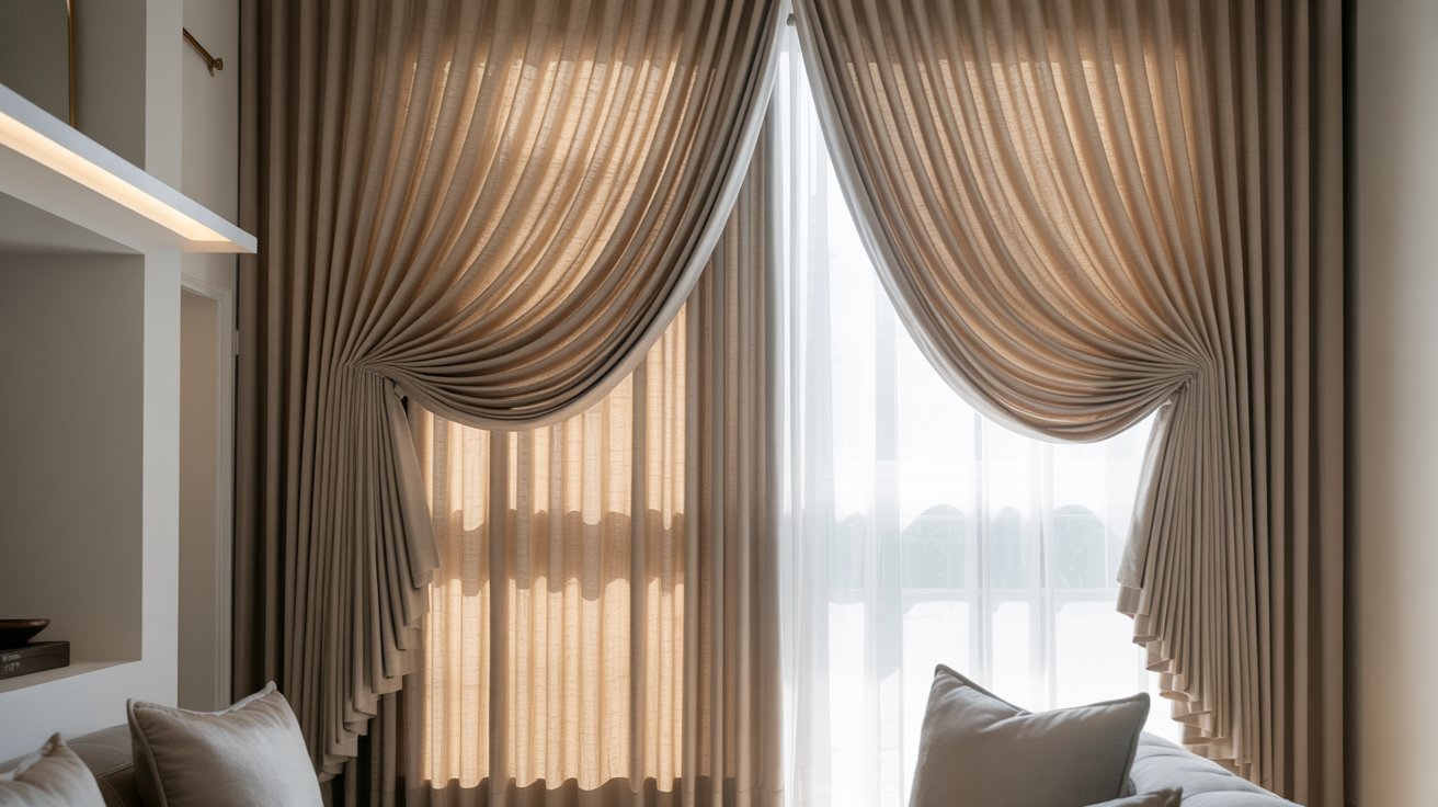 A cozy living room featuring a comfortable sofa and elegant curtains framing a window.