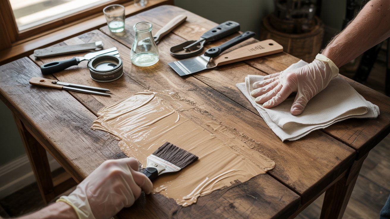 Two individuals collaborate on a wooden table, applying paint to their project with focused expressions.