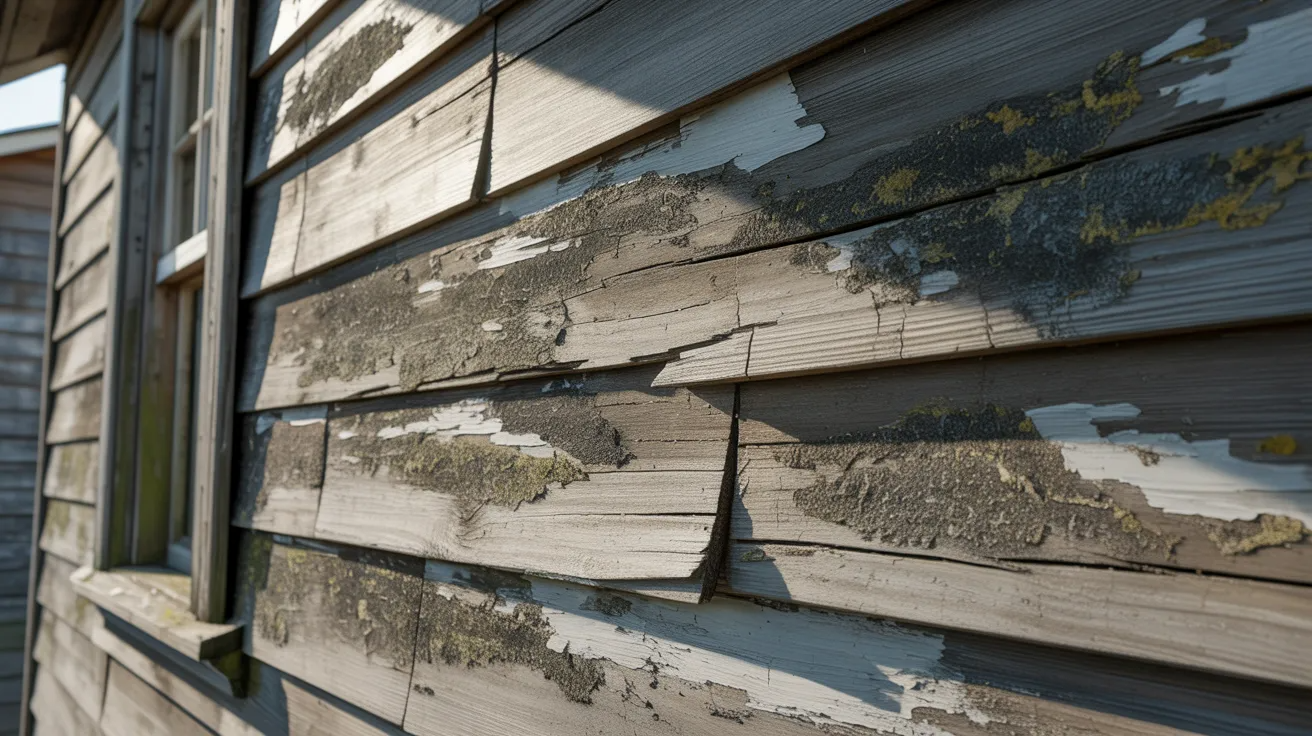 Close-up of weathered house siding with peeling paint and visible patches of mold. The sun casts shadows, highlighting the neglected condition.