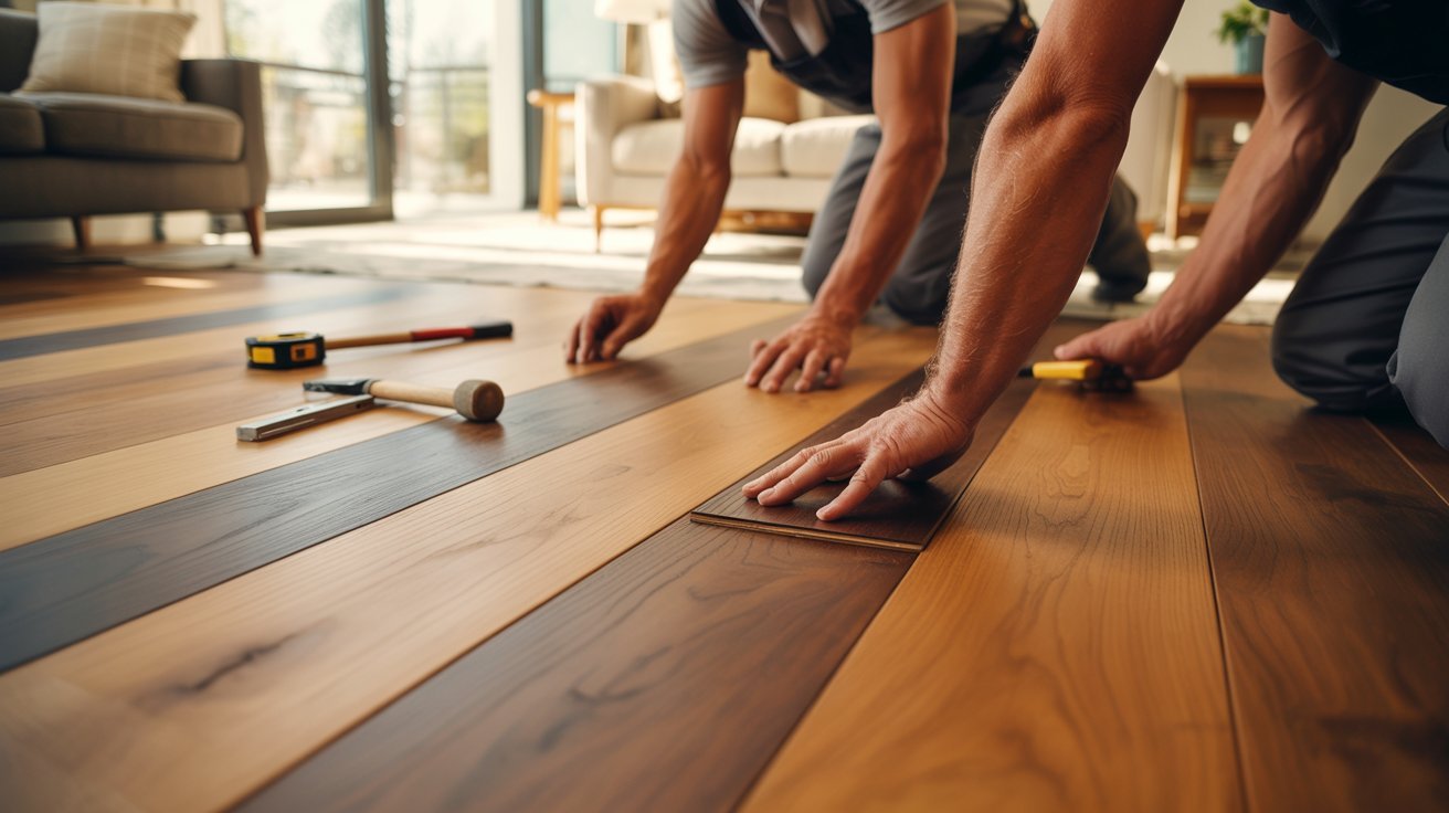 Two men are collaborating on the installation of a wooden floor in a well-lit room.