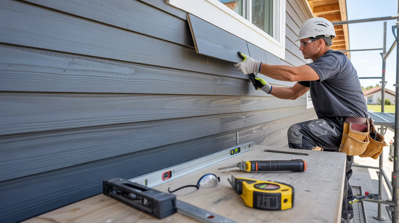 A construction worker installs blue siding on a house, using tools like a level and tape measure on a scaffold. The scene conveys focus and precision.
