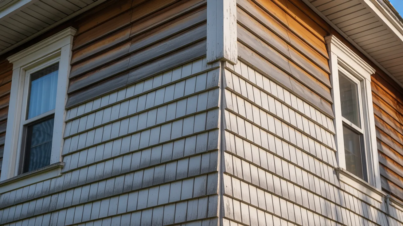A house corner with weathered wooden siding; the left side is gray-brown, the right is orange. Two white-framed windows suggest an aged, rustic feel.