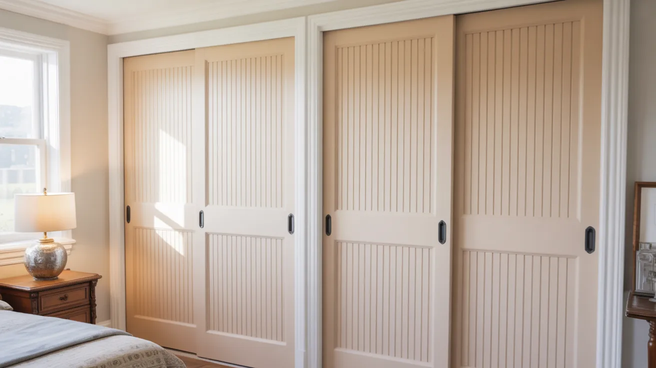 A cozy bedroom featuring a neatly made bed and closed closet doors against a softly painted wall.