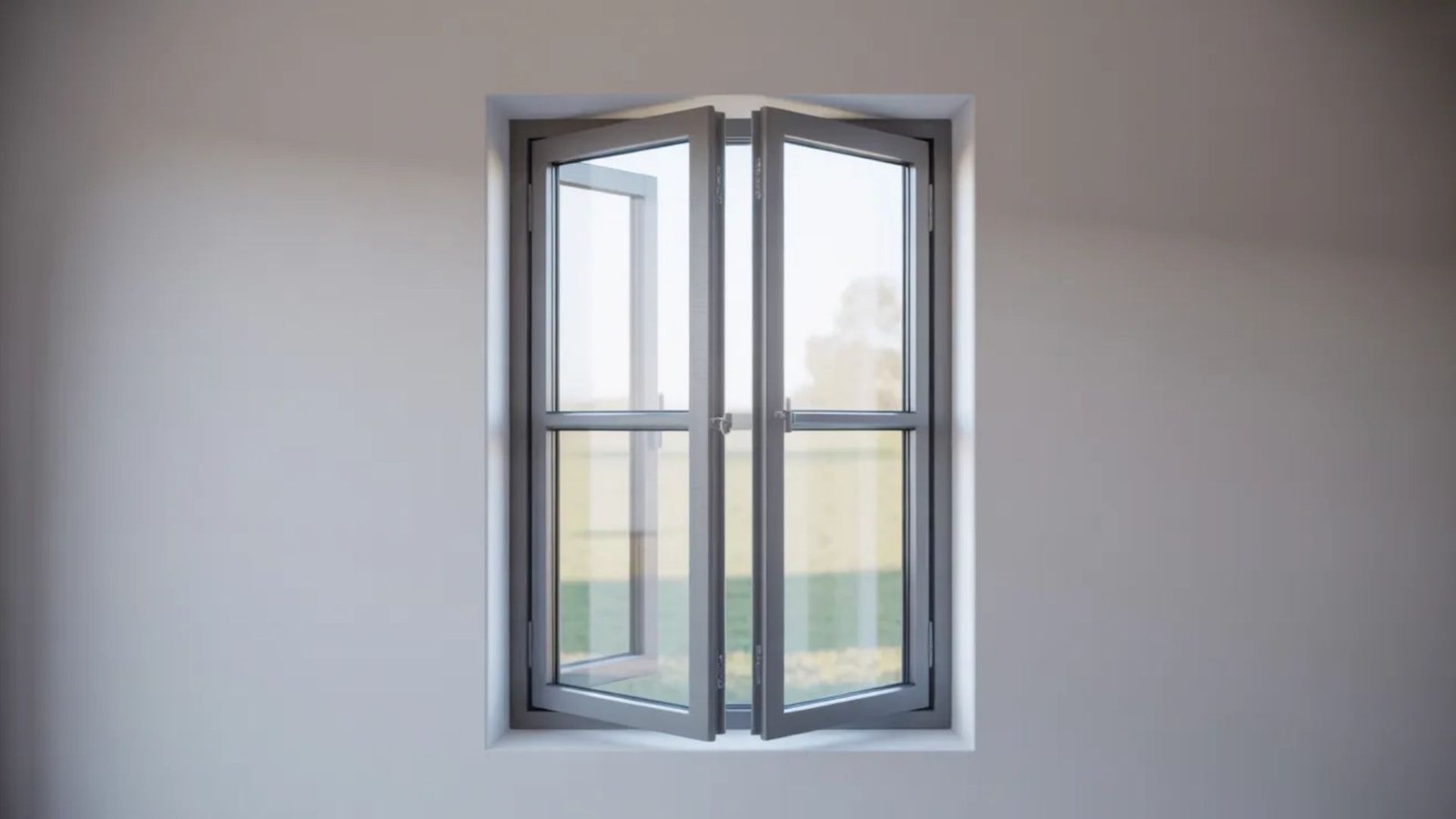 A window displaying a view of a plain white wall, emphasizing simplicity and minimalism in the interior space.