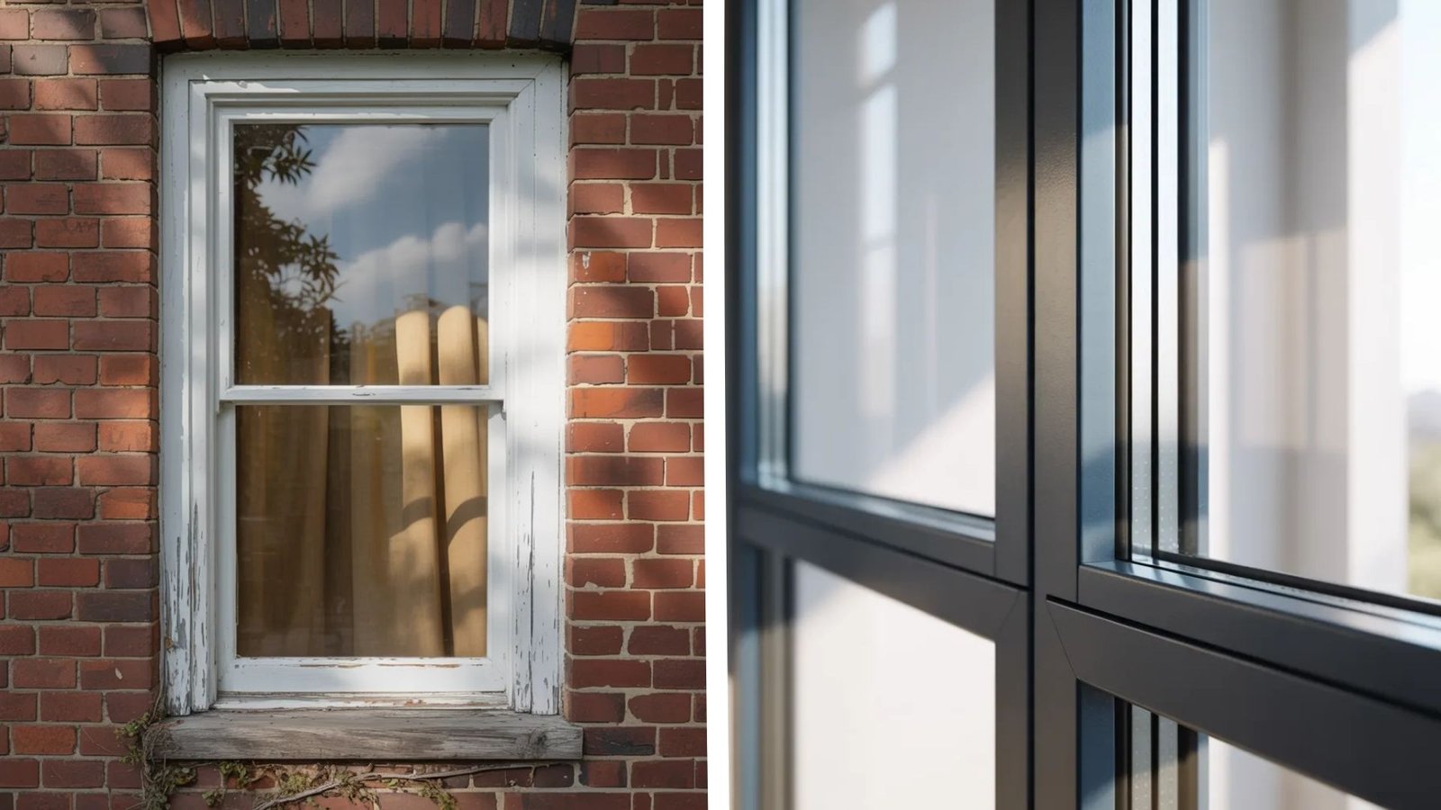 Two images of a window set in a brick wall, showcasing the texture of the bricks and the design of the window.