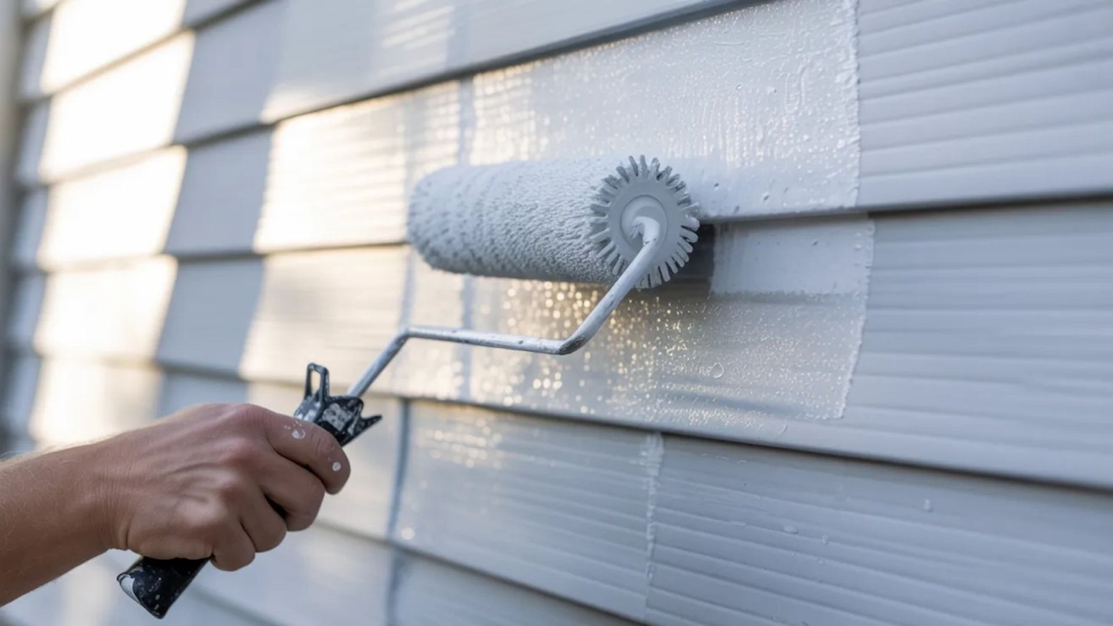 A person using a roller to paint the exterior siding of a house, focused on achieving an even coat.