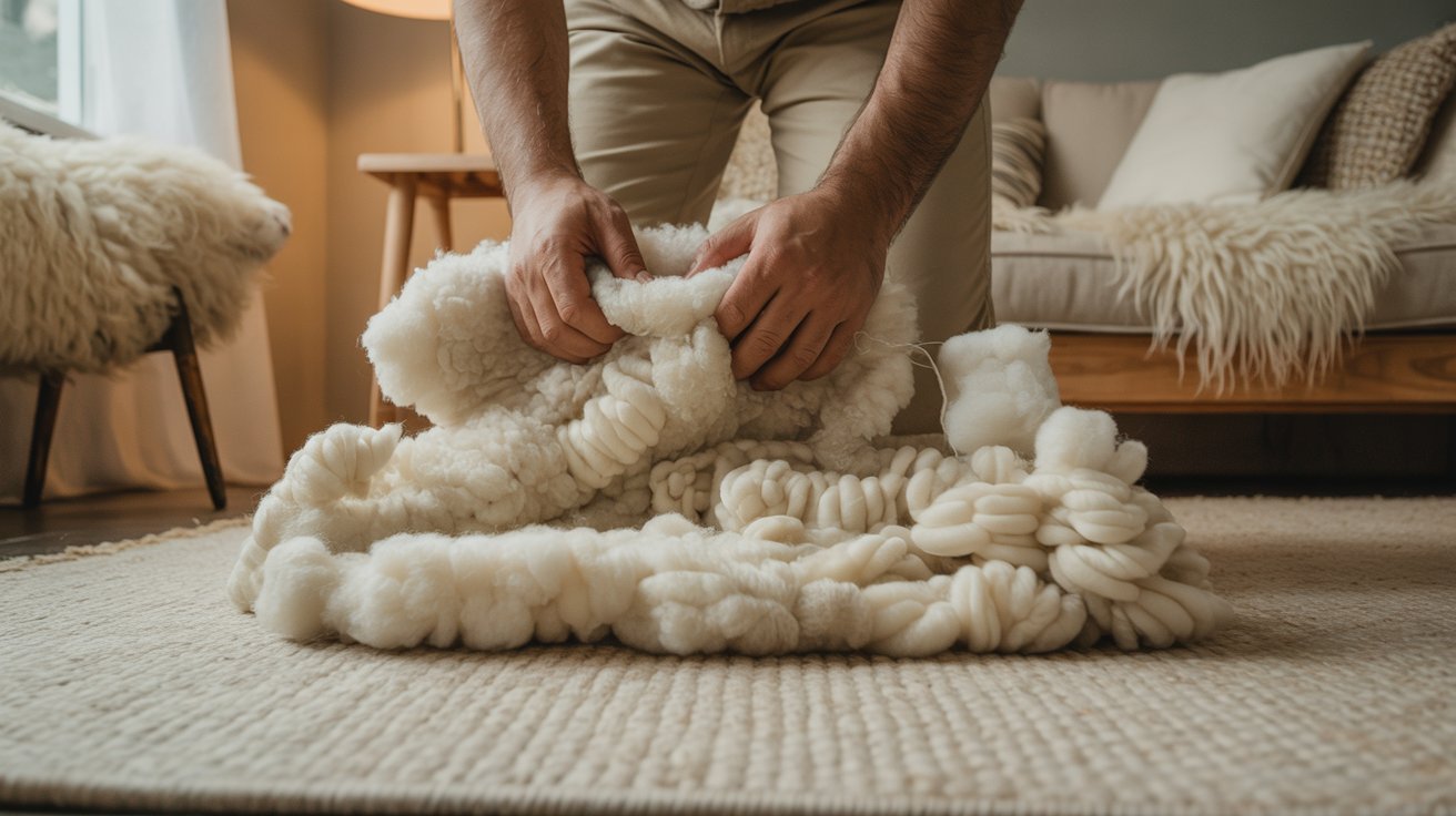 A man carefully applies wool to a rug, focusing on the intricate design and texture of the material.