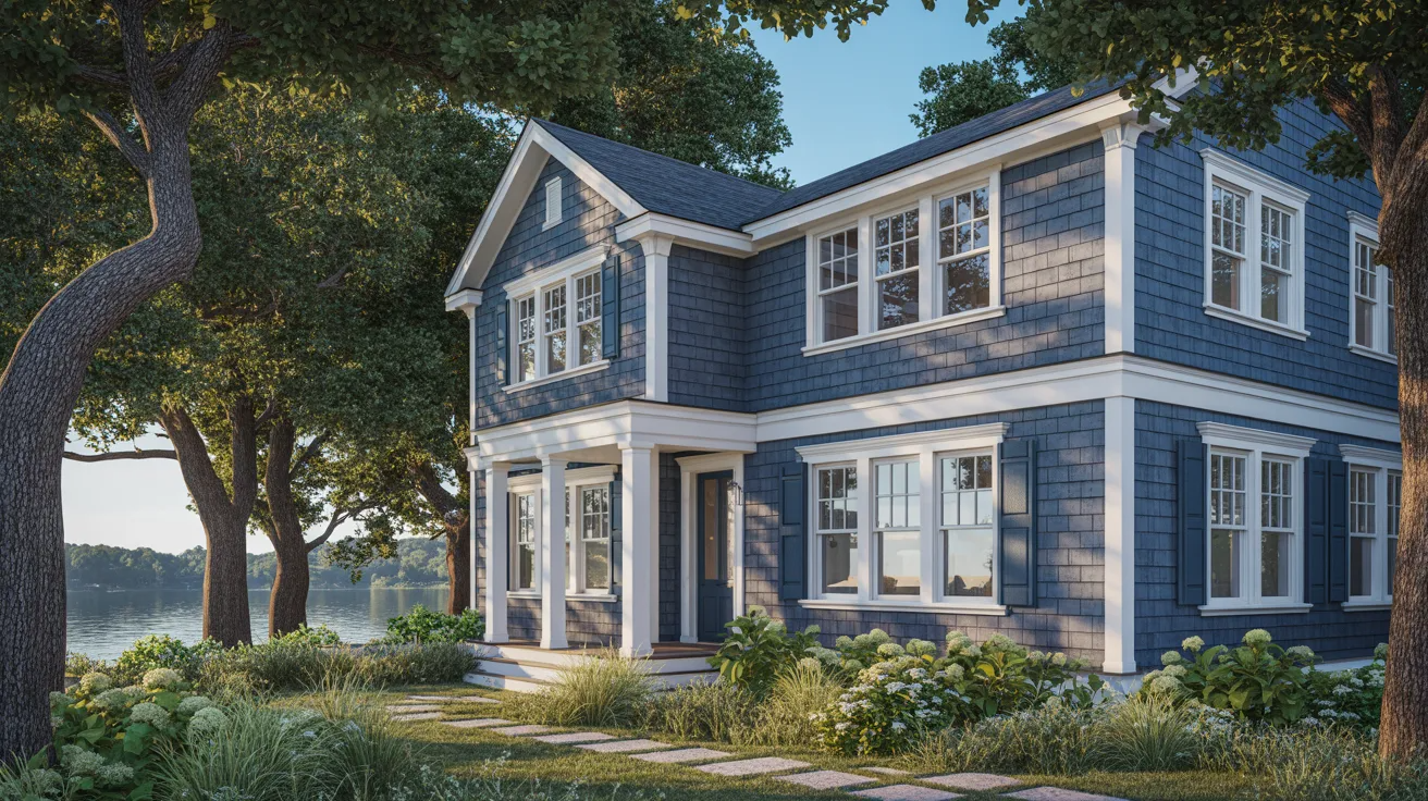 A blue house with white trim surrounded by green trees under a clear sky.