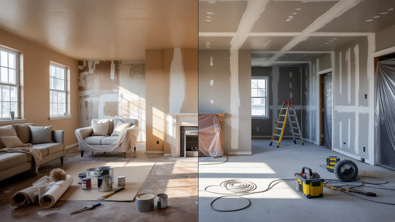 Before and after images of a remodeled room showcasing significant design and aesthetic improvements.