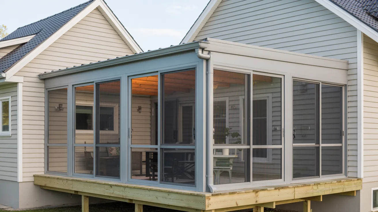 A screened porch featuring a wooden deck and a cozy patio area, surrounded by greenery.