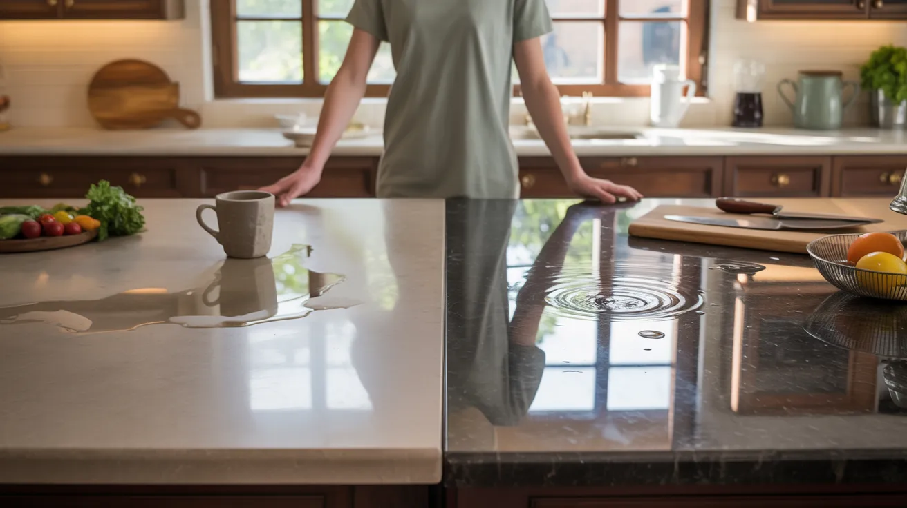A woman stands in front of a kitchen island, showcasing a modern kitchen design with various utensils and decor.