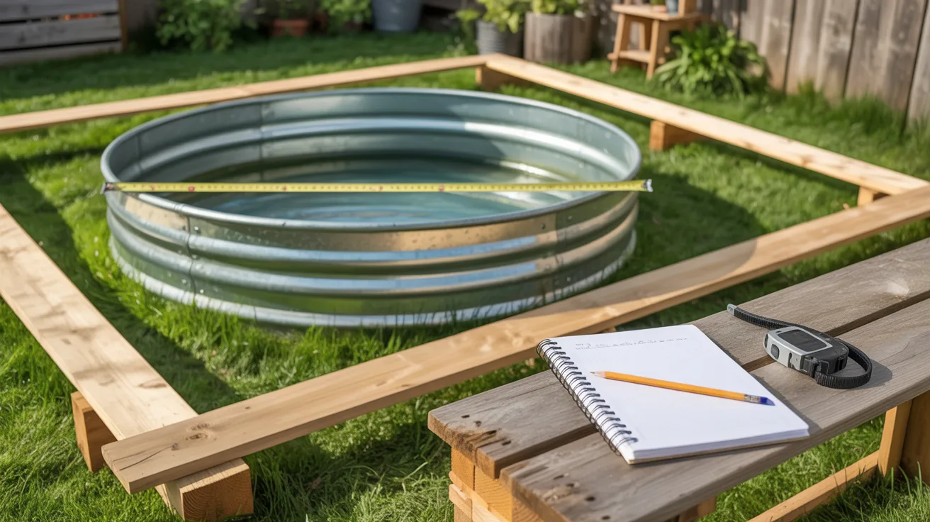 Wood framing encloses a metal tank in a sunny backyard. A notebook, pencil, and tape measure rest on a bench, suggesting planning or construction.