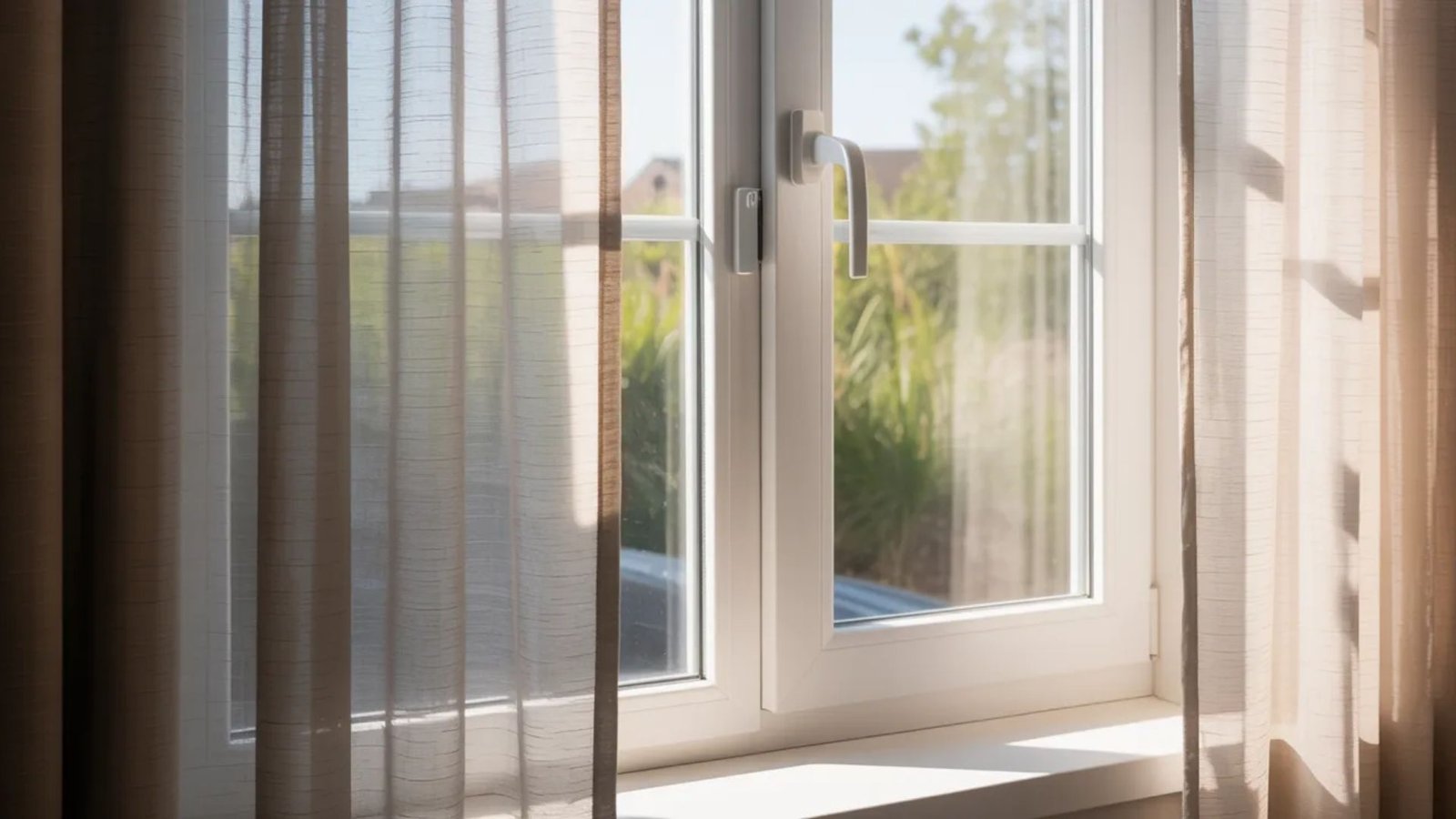 Sunlight filters through sheer curtains onto a white window frame. Outside, vibrant greenery and a clear blue sky enhance the serene atmosphere.