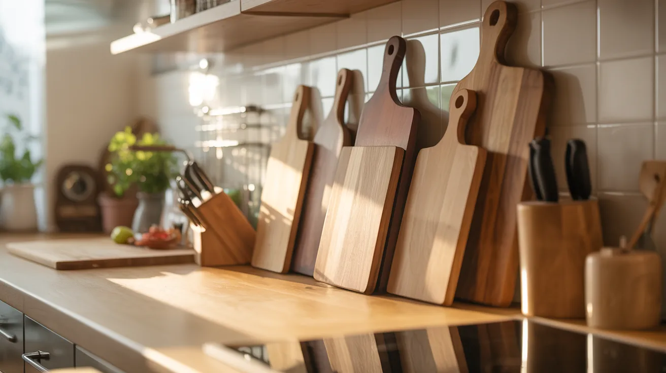 Sunlit kitchen with wooden countertops, cutting boards, and knife block. Warm, inviting atmosphere with natural light and tiled backsplash.