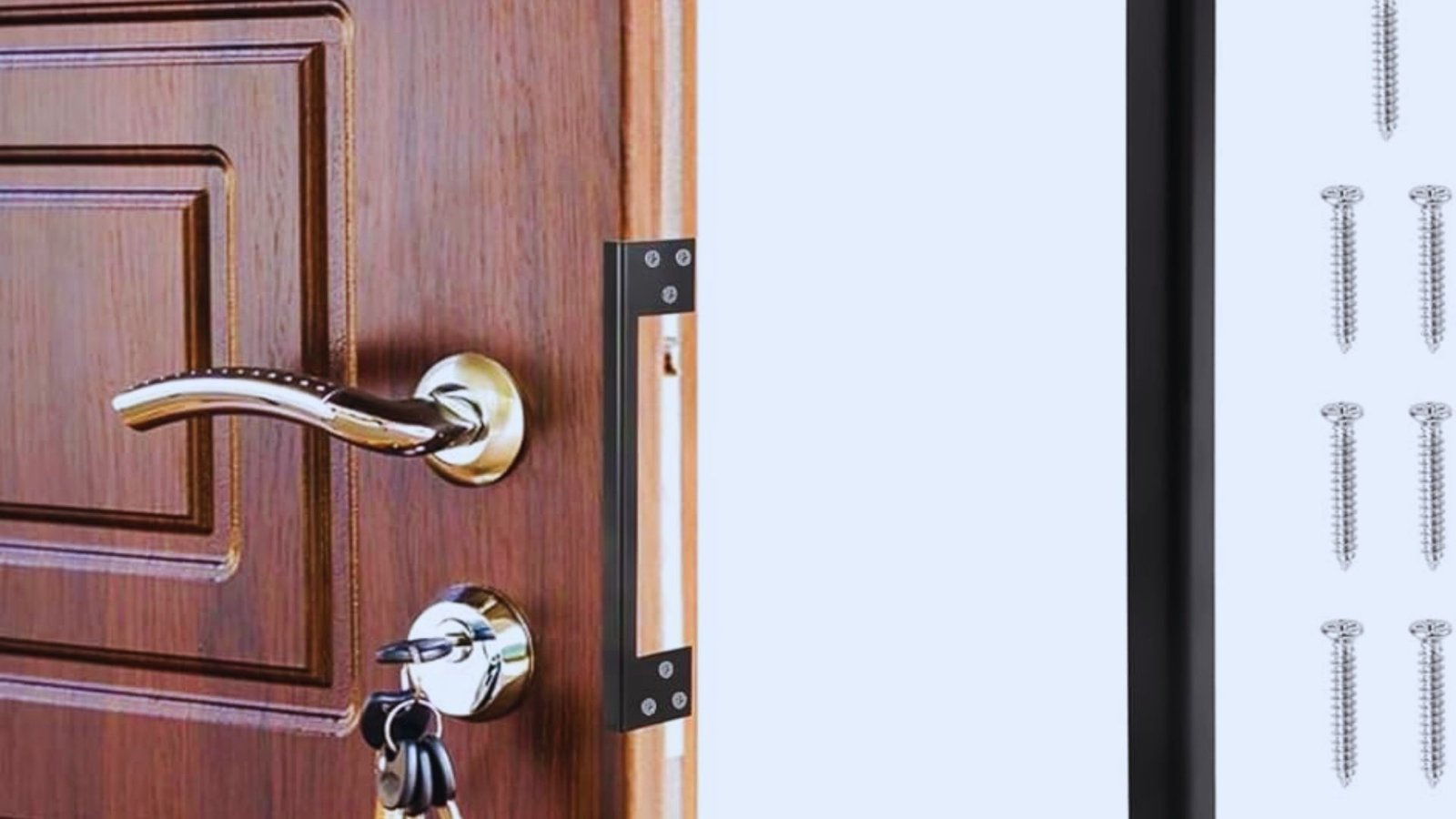 A wooden door with a silver handle and keys hanging from the lock is partially open. The image also shows a set of screws on the side, hinting at installation or repair.