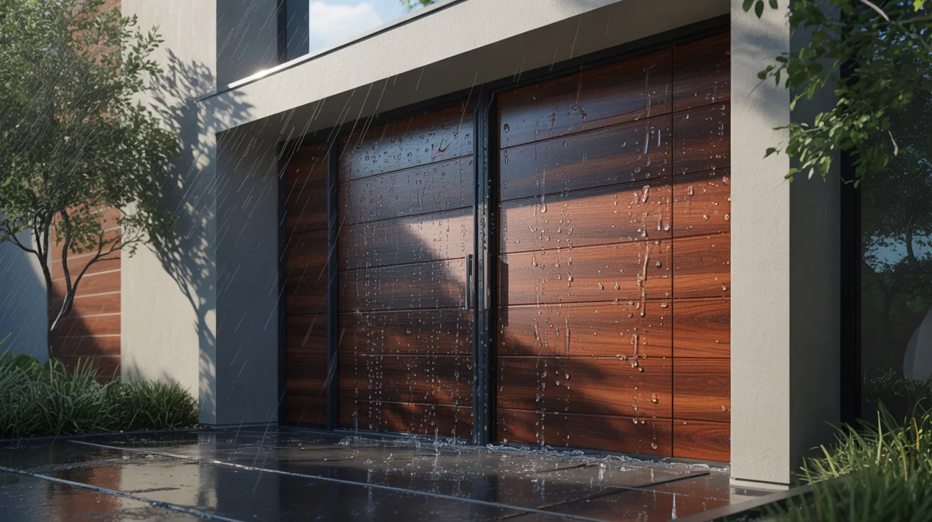 Modern wooden garage doors wet from rain. Sunlight casts shadows of nearby trees on the facade and wet pavement reflects the scene, creating a serene atmosphere.