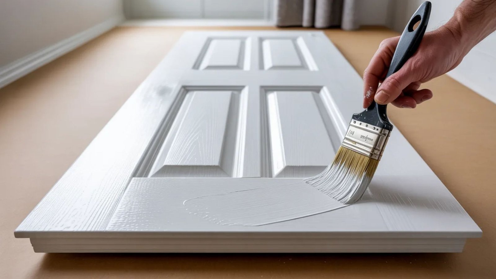 A hand paints a white door laid flat on the floor with a brush, applying smooth white paint. The setting is bright and tidy, conveying focus and precision.