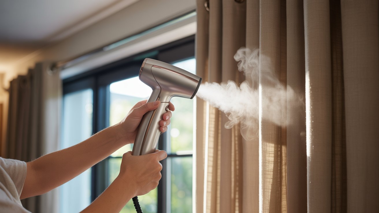 A person steam-ironing a curtain to remove wrinkles and freshen its appearance.