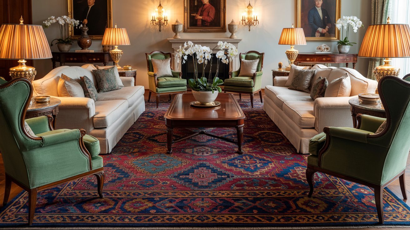 A formal living room featuring a decorative rug and elegant chairs arranged for conversation.