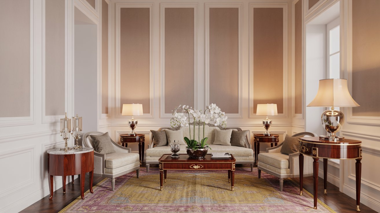 A cozy living room featuring a large rug and several chairs arranged for seating.