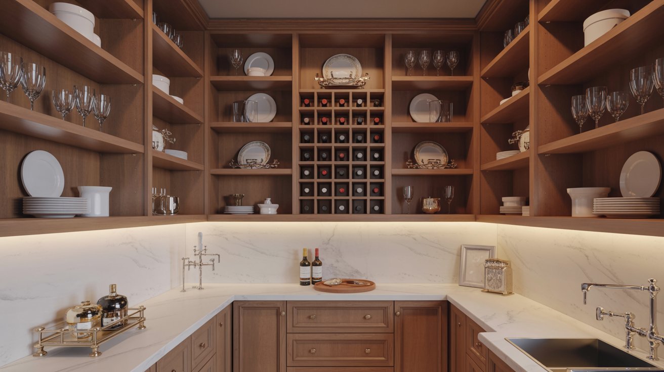 A kitchen featuring a sink, wooden cabinets, and open shelves filled with dishes and kitchenware.