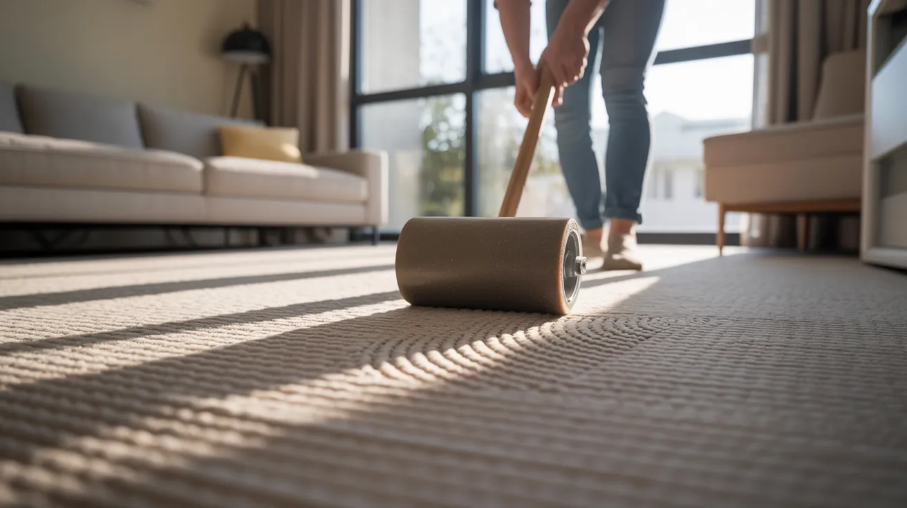 A woman uses a roller to clean a carpet, focusing on removing dirt and stains effectively.