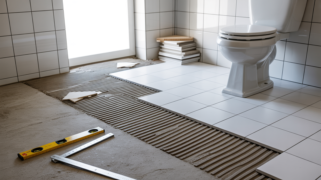 Bathroom renovation scene with white tiles partially installed on the floor. Tools and stacked tiles are visible near a toilet, conveying active work.
