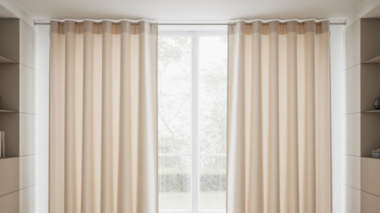 A room featuring a window adorned with a flowing beige curtain, allowing natural light to filter in.