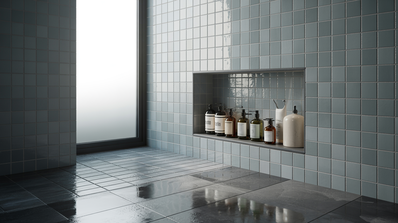 A minimalist bathroom with glossy light gray tiles, a recessed shelf holding various bottles, and a frosted window, conveying a sleek, serene atmosphere.