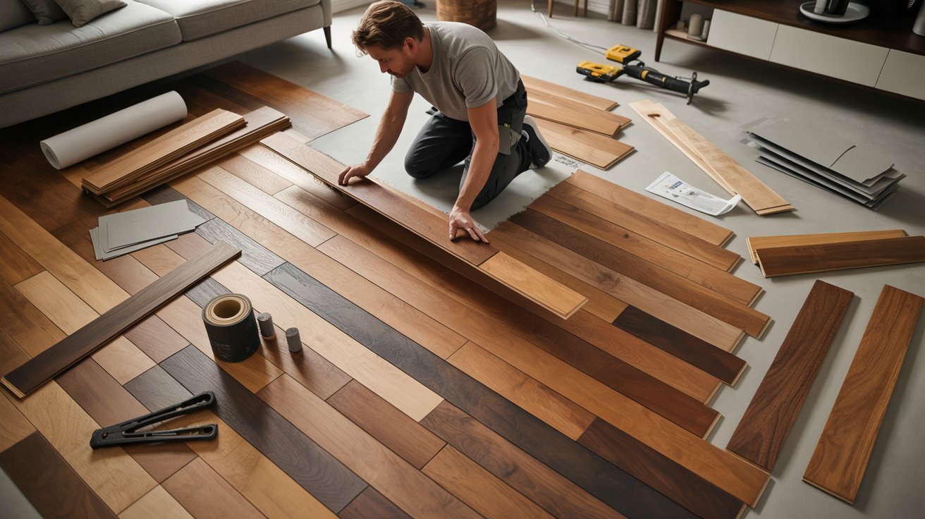 Man installing wooden flooring in a living room, focused on aligning the planks carefully on the floor.