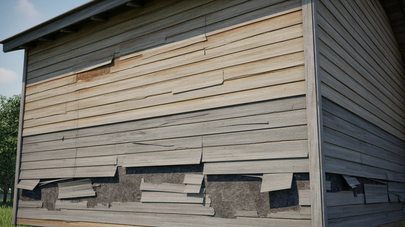 The image shows a weathered wooden building with cracked and peeling siding. The structure appears neglected, conveying a sense of age and deterioration.