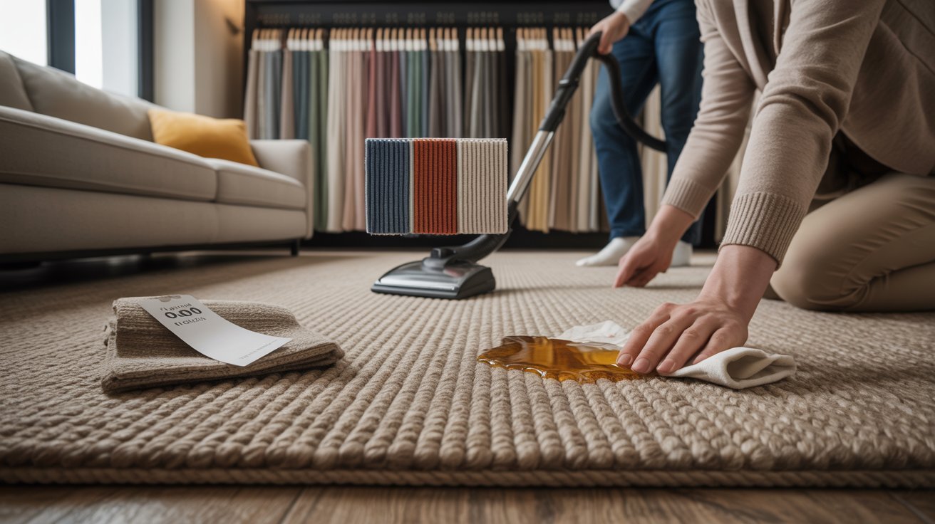 A woman using a vacuum cleaner to clean a carpet in a well-lit room.