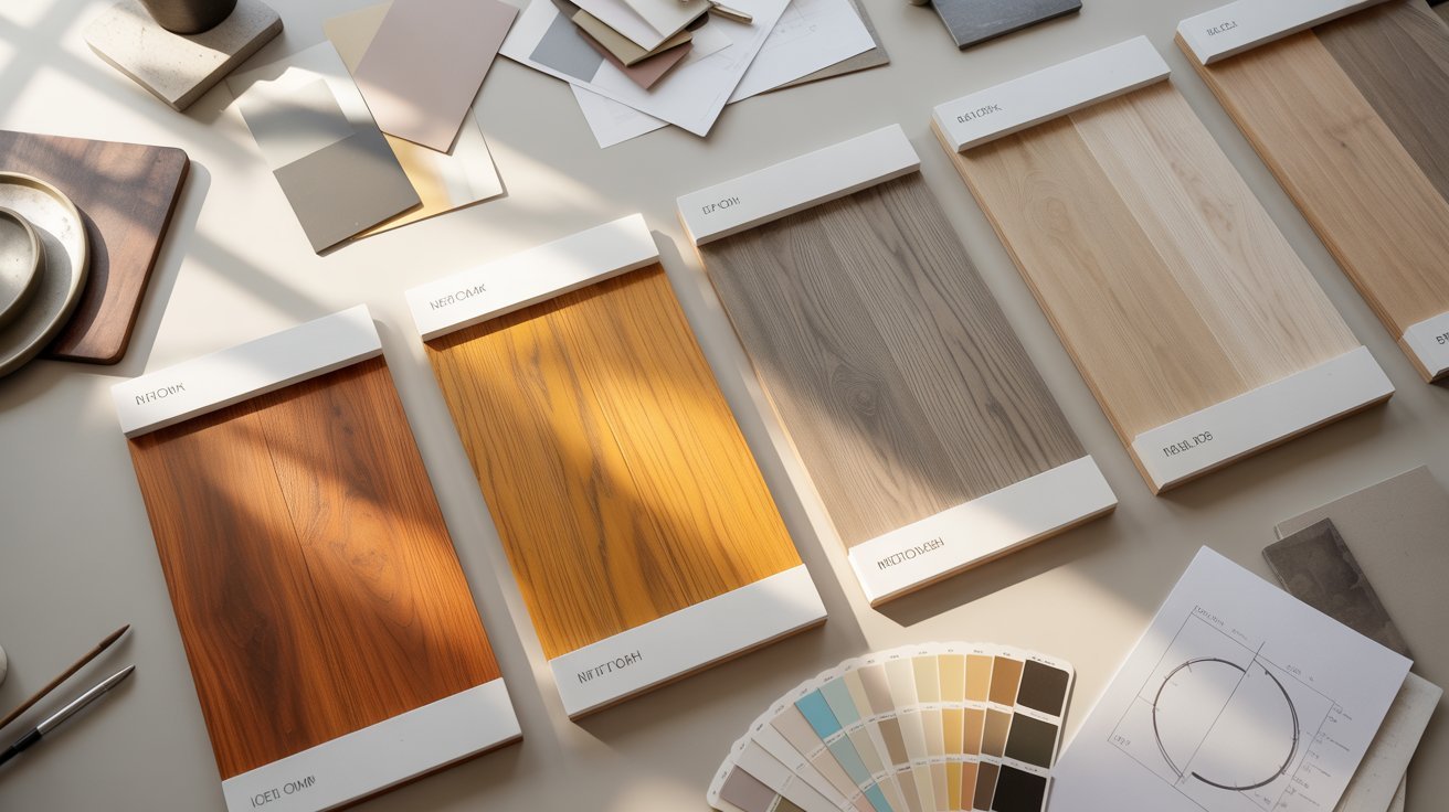 A table displaying various wood samples in an array of colors, showcasing different textures and finishes.