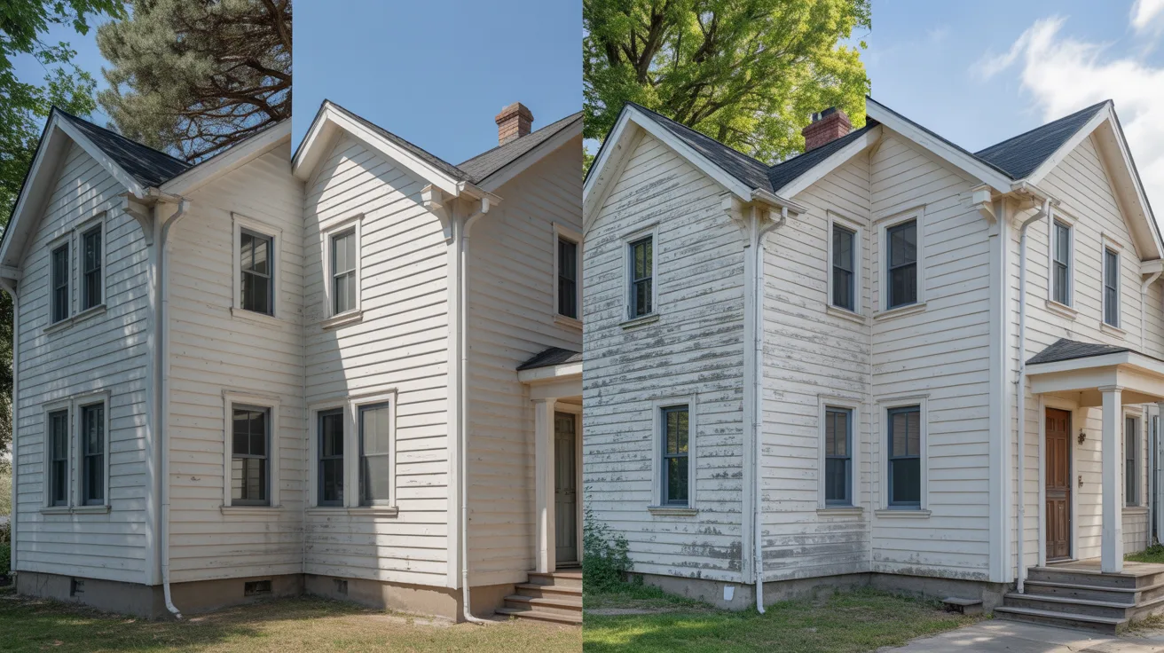Side-by-side comparison of a white house before and after exterior renovation. Left shows peeling paint; right shows restored, clean siding.