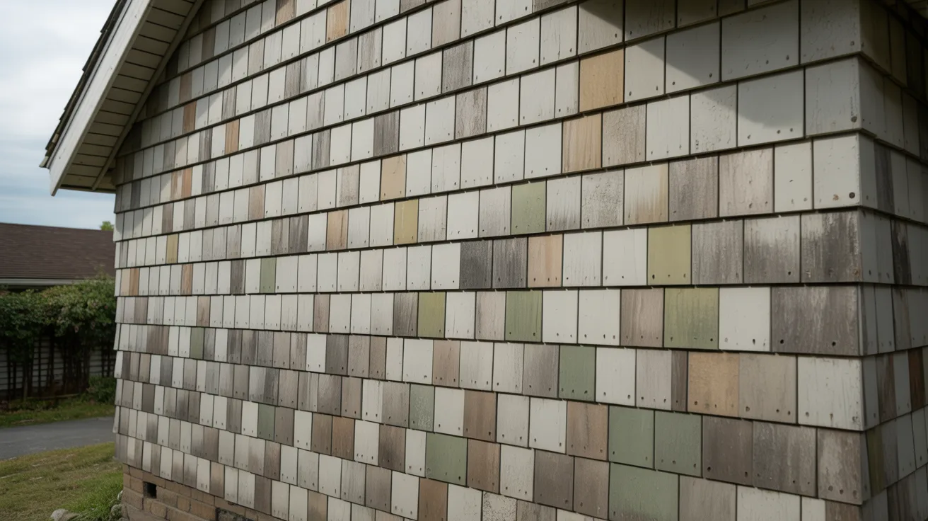 A section of a house wall covered with square shingles in muted shades of white, gray, and green, creating a textured, patterned appearance. The tone is calm.