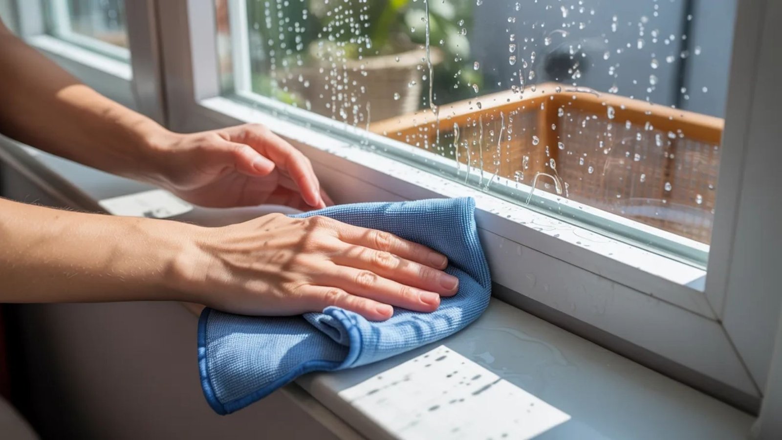 A person using a blue cloth to clean a window, focusing on removing dirt and smudges for a clearer view.