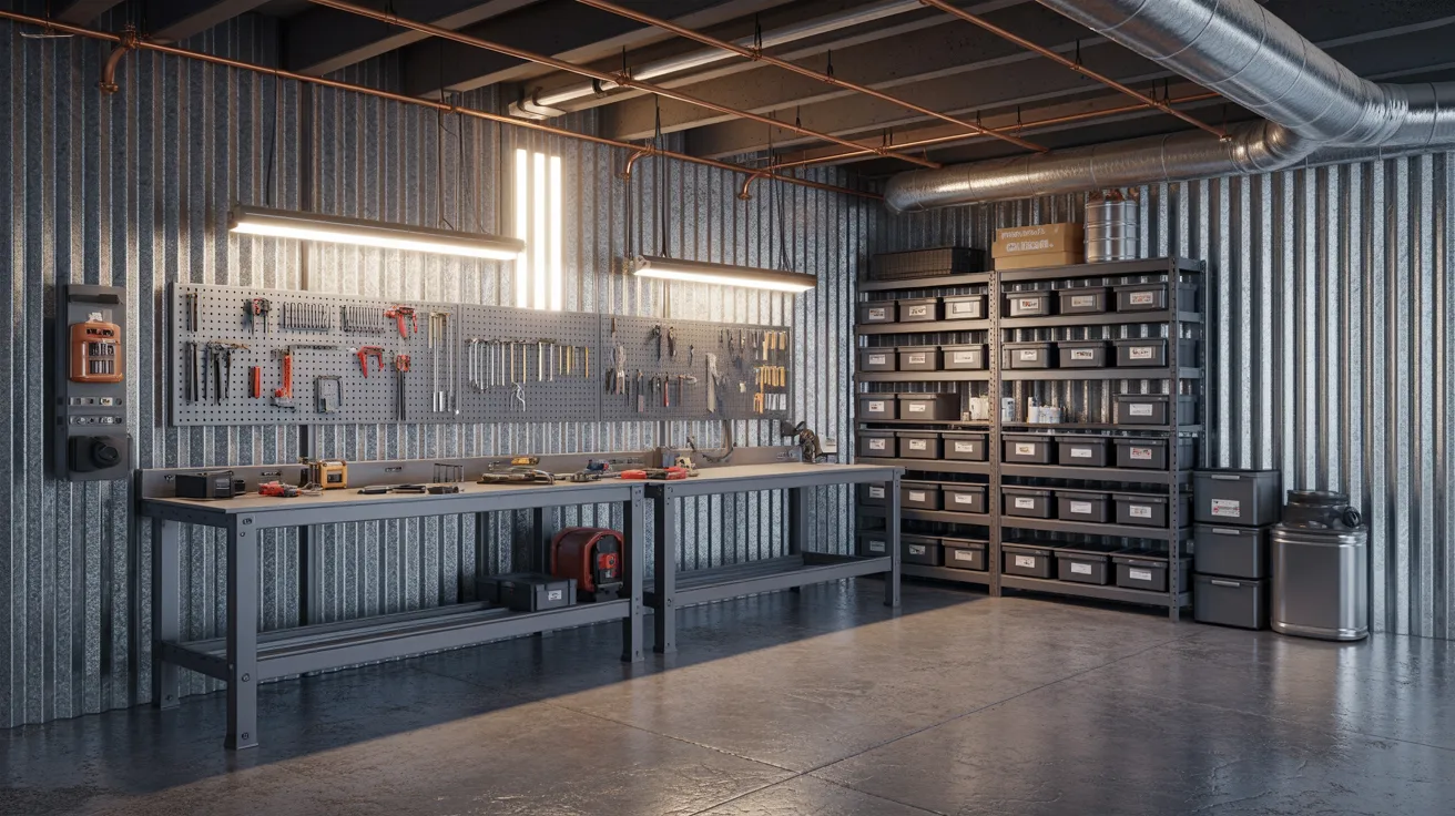 A garage filled with various tools and organized shelves, showcasing a workspace for DIY projects and repairs.