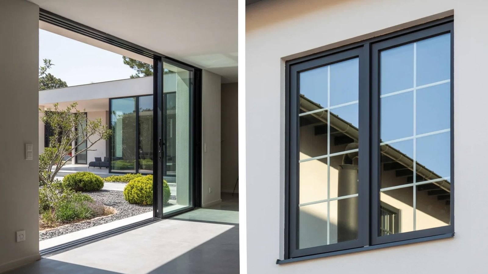 Two images of a house featuring a prominent glass door, showcasing its modern design and inviting entrance.