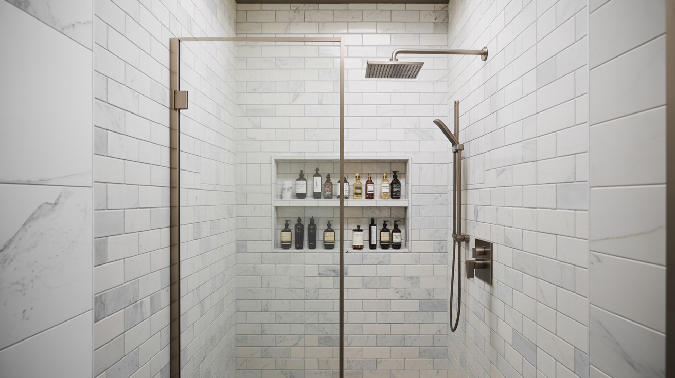 A modern walk-in shower featuring a sleek glass door, showcasing a spacious and elegant bathroom design.