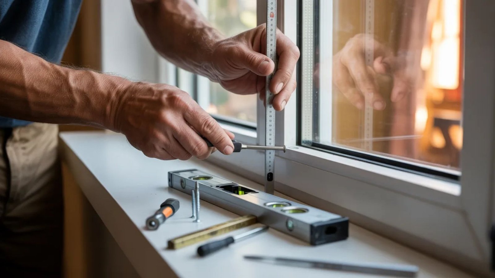 Hands of a person using a screwdriver and measuring tape on a windowsill, with tools like a level and screws nearby, conveying focus and precision.