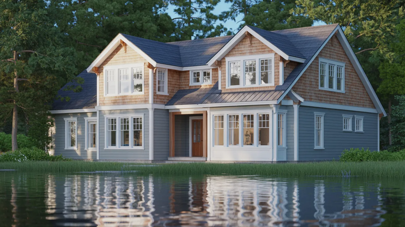 A house with a pond in front, surrounded by greenery and reflecting the sky in the water.